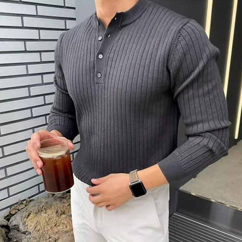 Kessoro ribbed slim-fit henley sweater for men in Gray, view 3