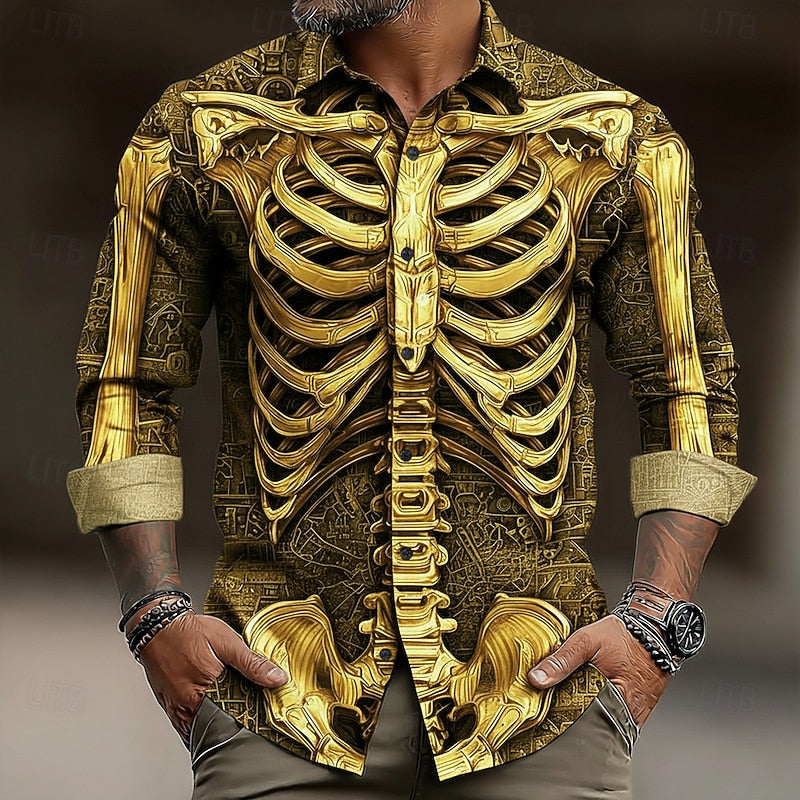 Kessoro Gold Halloween skeleton print long-sleeve button-up shirt for men