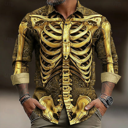 Kessoro Gold Halloween skeleton print long-sleeve button-up shirt for men