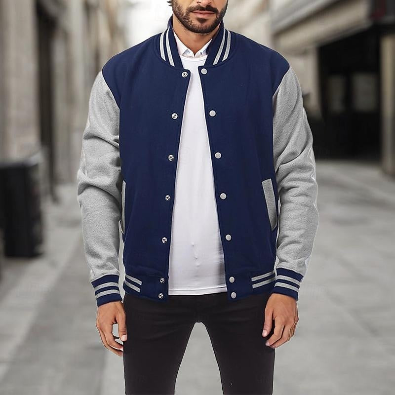 Kessoro men's classic ribbed-trim varsity jacket in light grey, royal blue, black and navy blue – image 8 of 12