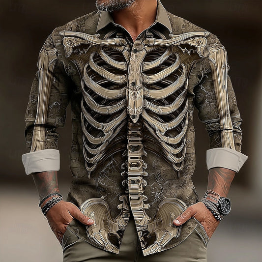 Kessoro Brown Halloween skeleton print long-sleeve button-up shirt for men