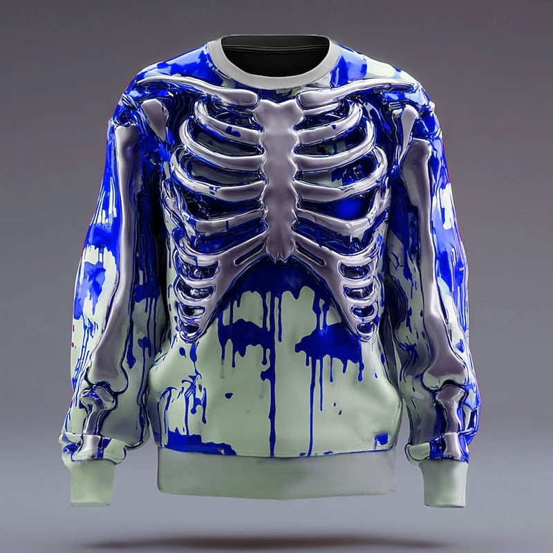 Kessoro Blue Halloween skeleton print crew neck sweatshirt for men and women
