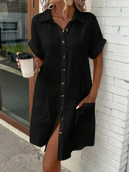 Women's V-neck button detail shirt dress in six colourways, shown for womenswear styling