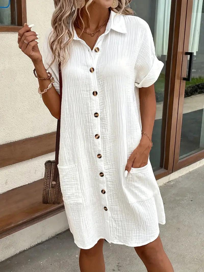 Women's V-neck button detail shirt dress in six colourways, shown for womenswear styling