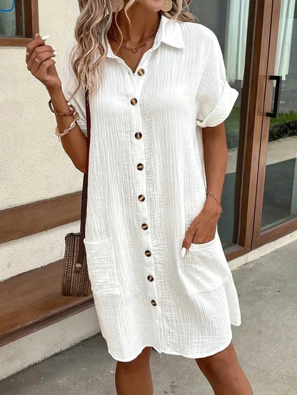 Women's V-neck button detail shirt dress in six colourways, shown for womenswear styling