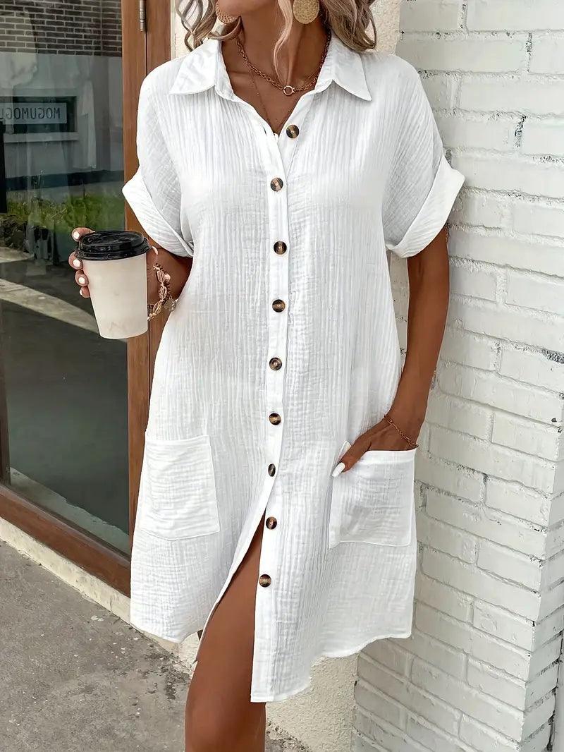 Women's V-neck button detail shirt dress in six colourways, shown for womenswear styling