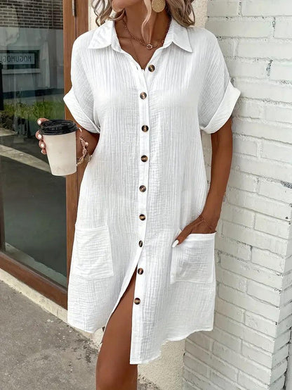 Women's V-neck button detail shirt dress in six colourways, shown for womenswear styling