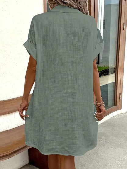Women's V-neck button detail shirt dress in six colourways, shown for womenswear styling