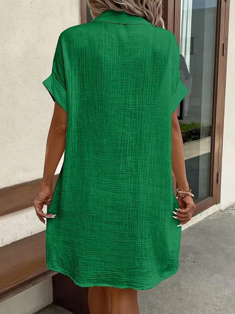 Women's V-neck button detail shirt dress in six colourways, shown for womenswear styling