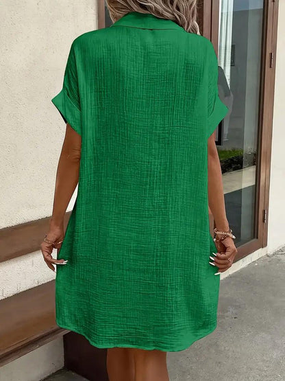 Women's V-neck button detail shirt dress in six colourways, shown for womenswear styling