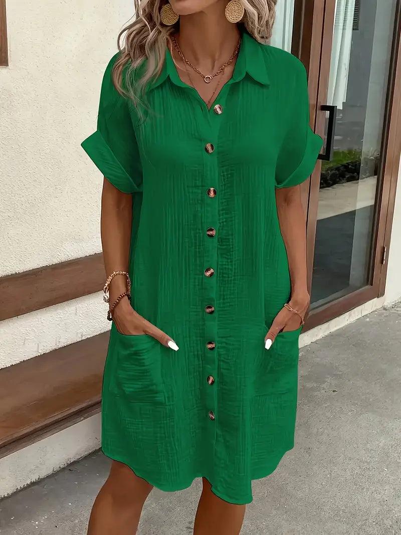 Women's V-neck button detail shirt dress in six colourways, shown for womenswear styling
