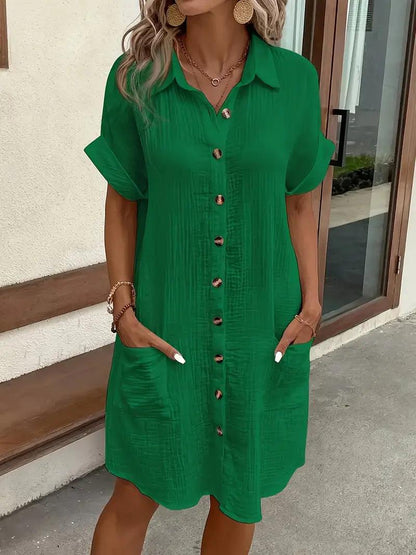 Women's V-neck button detail shirt dress in six colourways, shown for womenswear styling