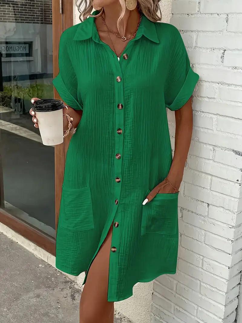 Women's V-neck button detail shirt dress in six colourways, shown for womenswear styling