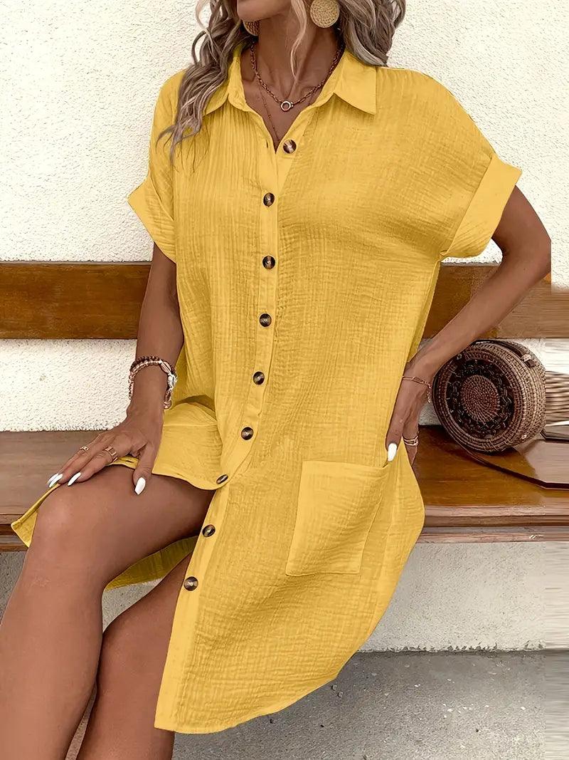 Women's V-neck button detail shirt dress in six colourways, shown for womenswear styling