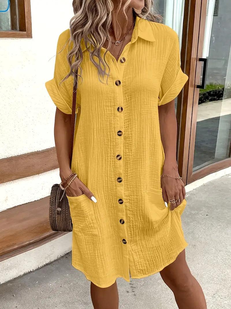 Women's V-neck button detail shirt dress in six colourways, shown for womenswear styling