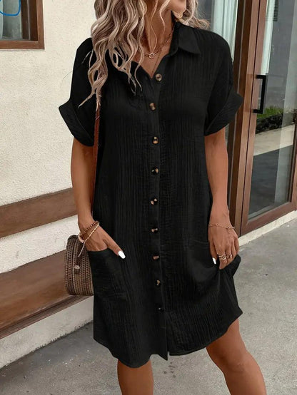 Women's V-neck button detail shirt dress in six colourways, shown for womenswear styling
