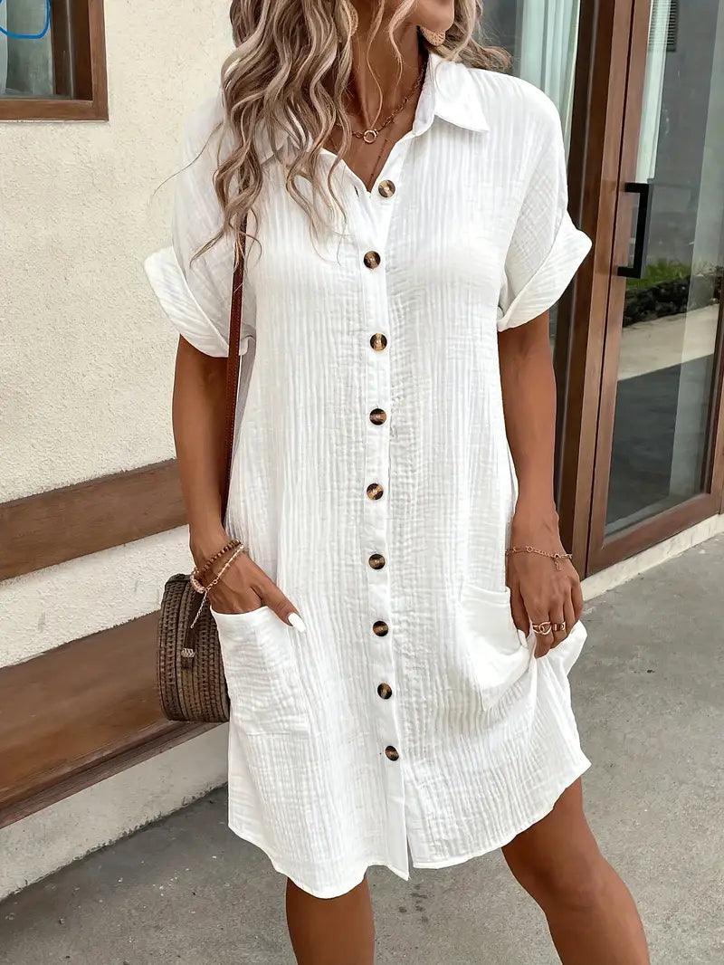 Women's V-neck button detail shirt dress in six colourways, shown for womenswear styling