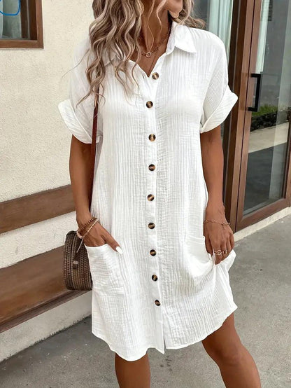 Women's V-neck button detail shirt dress in six colourways, shown for womenswear styling