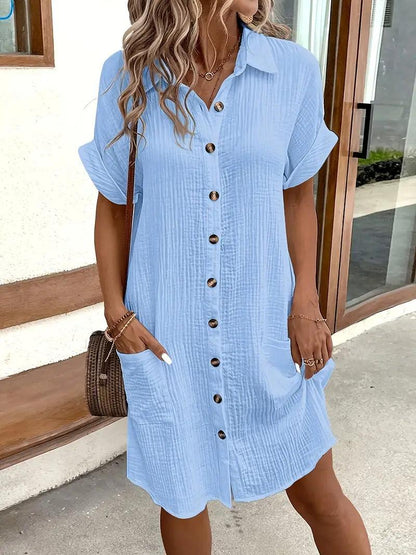 Women's V-neck button detail shirt dress in six colourways, shown for womenswear styling