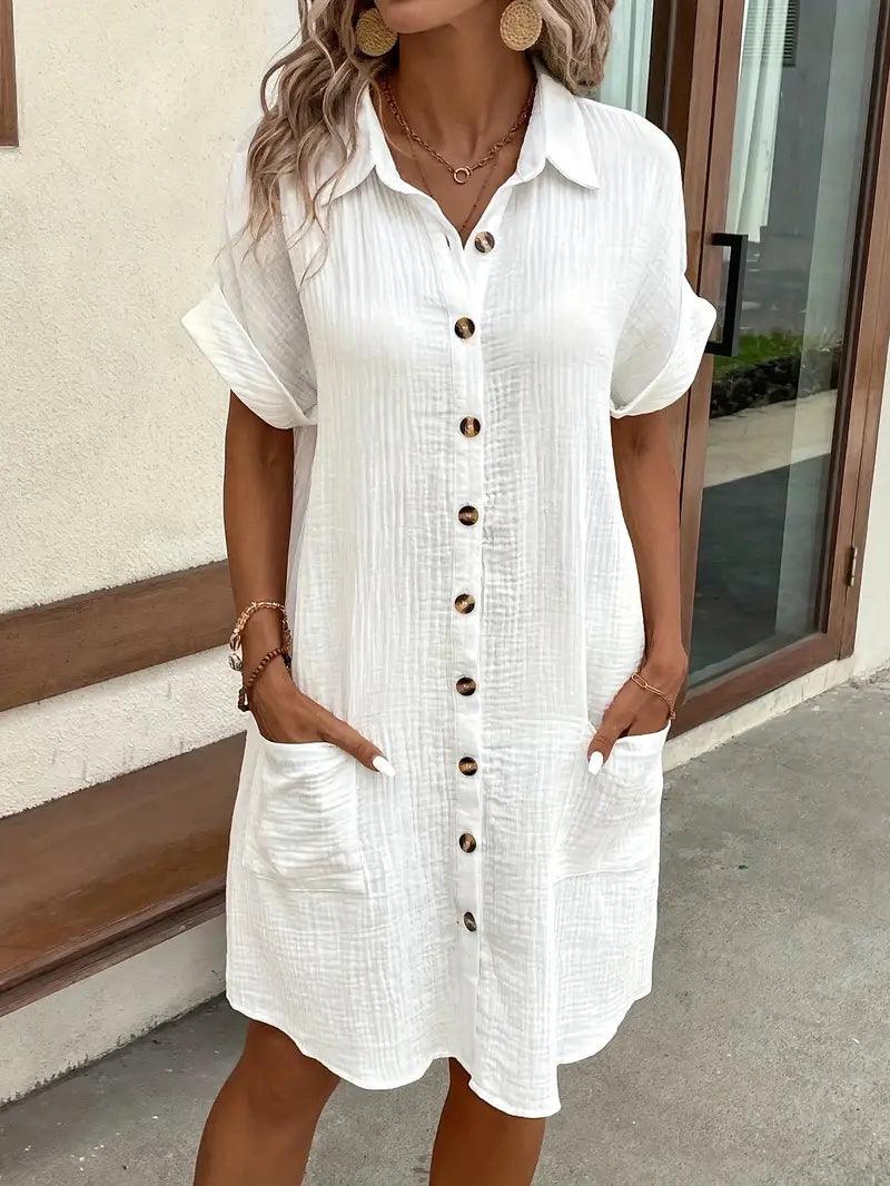 Women's V-neck button detail shirt dress in six colourways, shown for womenswear styling