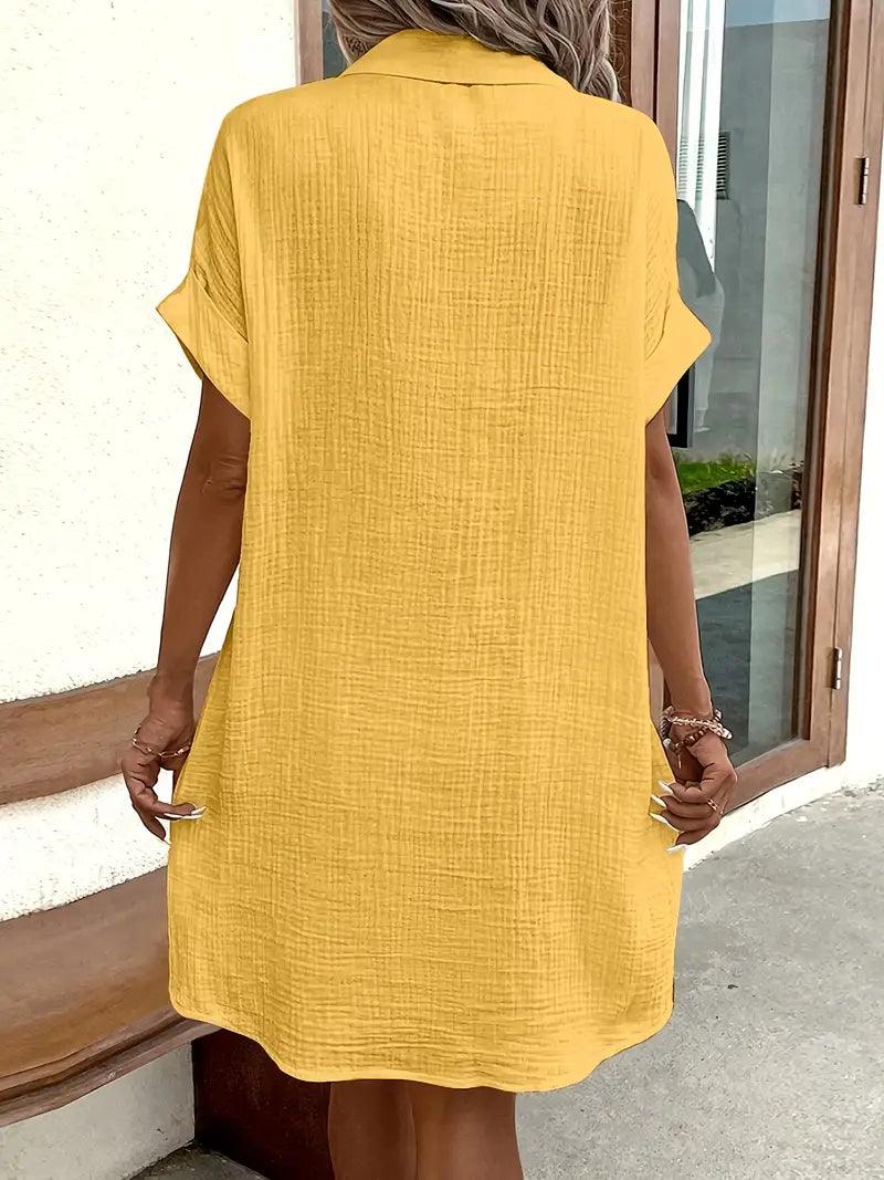 Women's V-neck button detail shirt dress in six colourways, shown for womenswear styling