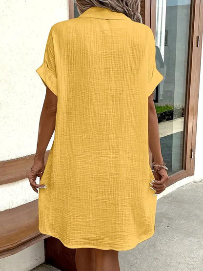 Women's V-neck button detail shirt dress in six colourways, shown for womenswear styling