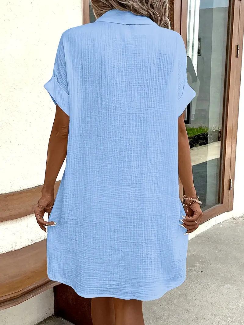 Women's V-neck button detail shirt dress in six colourways, shown for womenswear styling