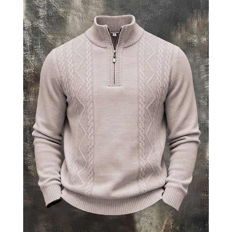 Kessoro men's cable-knit quarter-zip sweater in light grey or beige, view 2 of 2