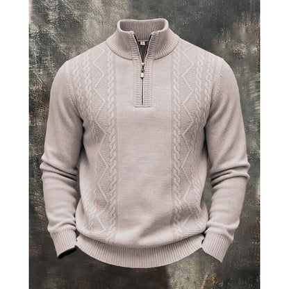 Kessoro men's cable-knit quarter-zip sweater in light grey or beige, view 2 of 2