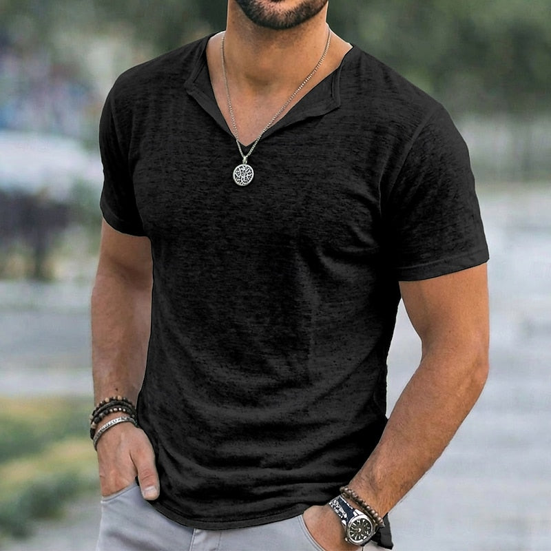 Men's relaxed-fit V-neck t-shirt in green, blue, white, purple and black, close-up view