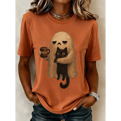 Kessoro Orange Halloween ghost and cat print crew neck T-shirt for women