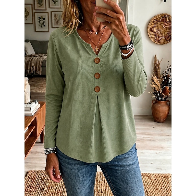 Women's ribbed buttoned V-neck top in blue, green, pink, black and white, side view