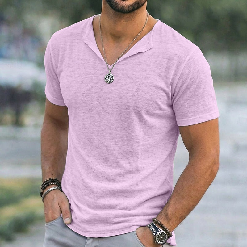 Men's relaxed-fit V-neck t-shirt in green, blue, white, purple and black, styled view