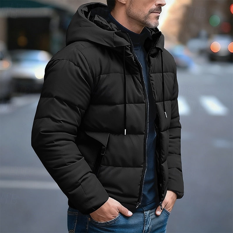 Kessoro men's insulated quilted hooded puffer jacket in dark grey, blue and black