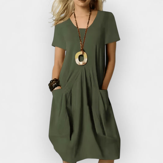 Women's relaxed fit midi dress with a draped front detail in green, beige and orange