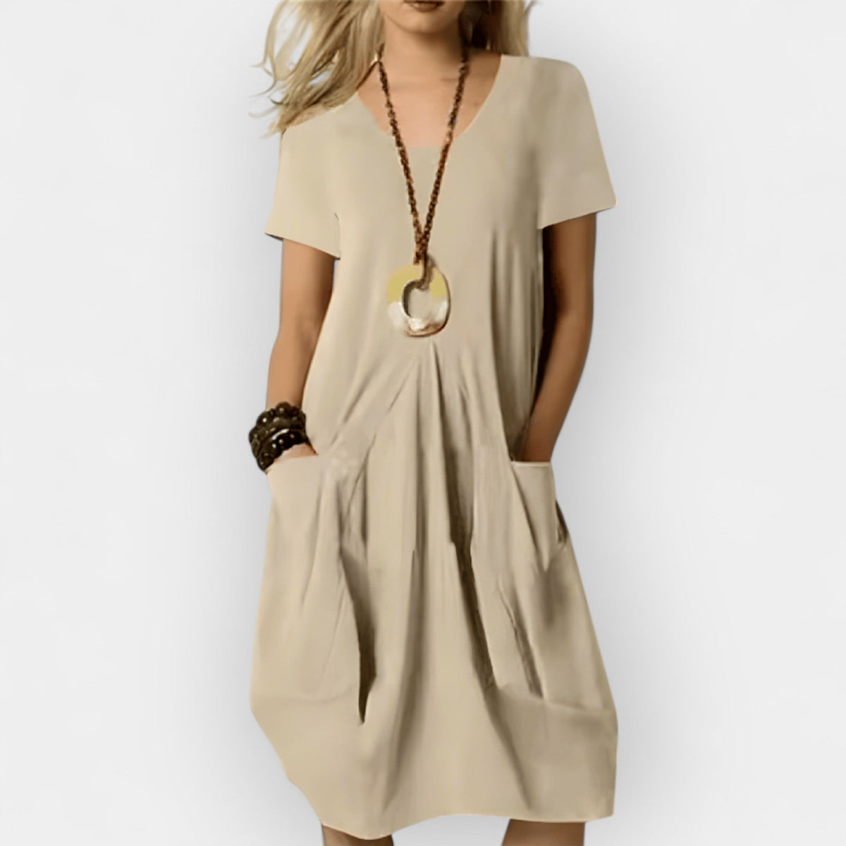 Women's relaxed fit midi dress with a draped front detail in green, beige and orange