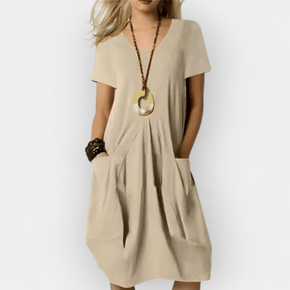 Women's relaxed fit midi dress with a draped front detail in green, beige and orange