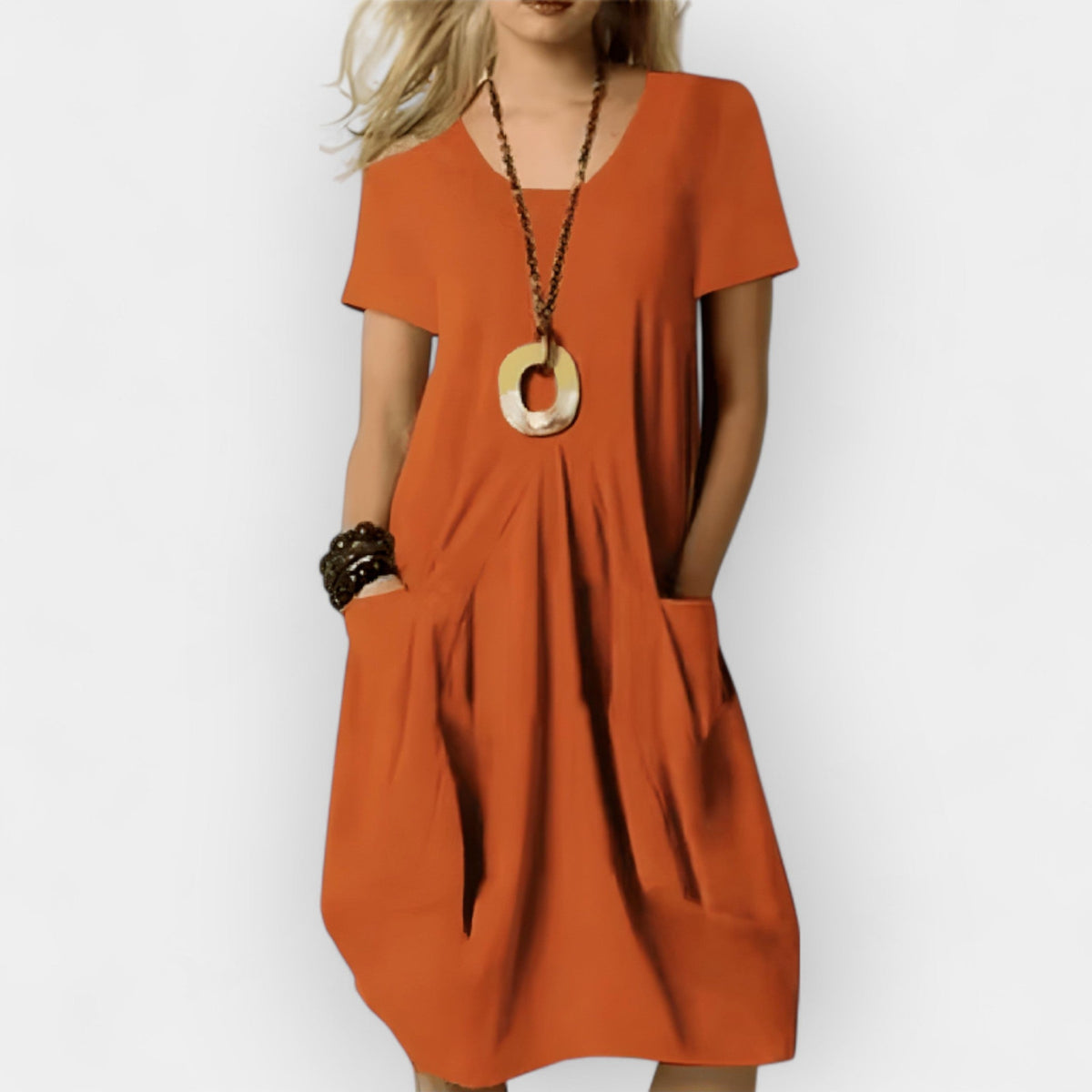 Women's relaxed fit midi dress with a draped front detail in green, beige and orange