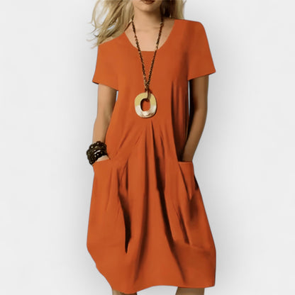 Women's relaxed fit midi dress with a draped front detail in green, beige and orange