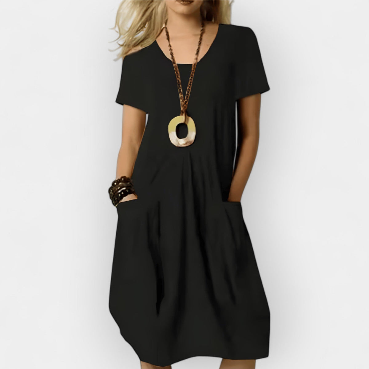 Women's relaxed fit midi dress with a draped front detail in green, beige and orange