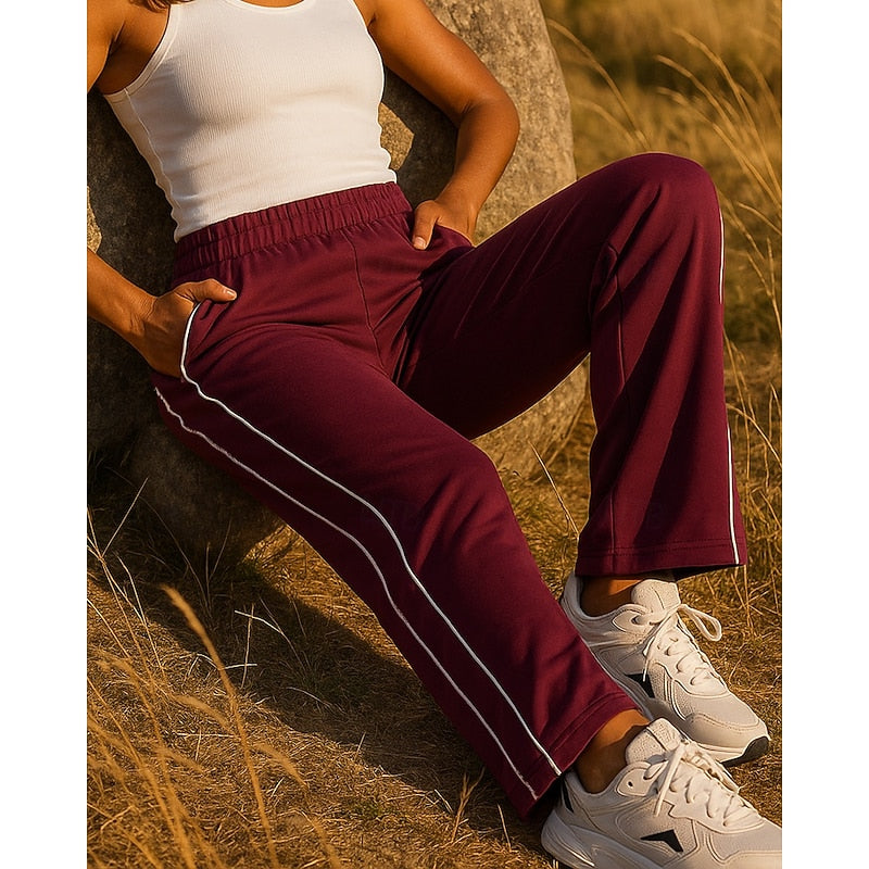 Kessoro women's relaxed side-stripe straight-leg joggers in wine, black or pink