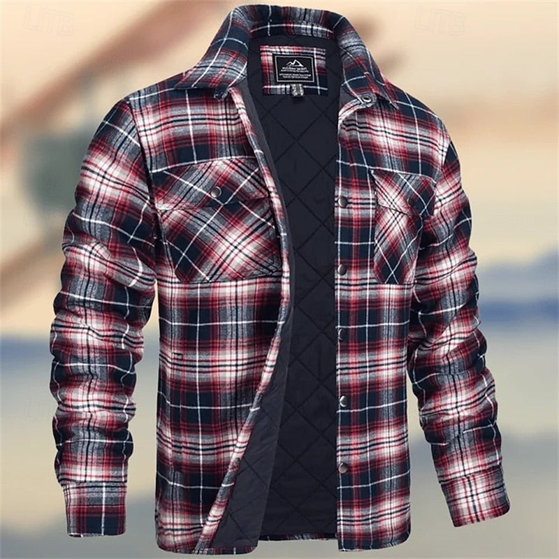 Kessoro men's quilted plaid flannel shirt jacket in orange, khaki, green, burgundy, navy, white and sky blue - product view 4