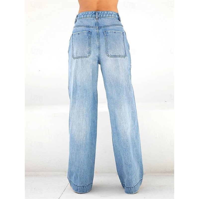 Kessoro women's high-waisted relaxed wide-leg jeans in classic blue denim washes