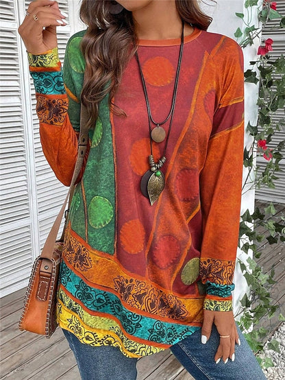 Kessoro Women's vintage print long-sleeve crew neck tunic top in red, purple and green, view 1