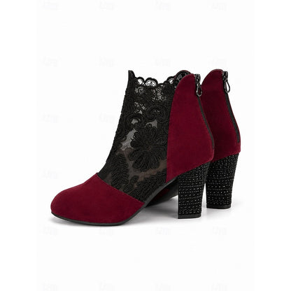 Kessoro women's floral lace block-heel ankle boots in wine, black and yellow