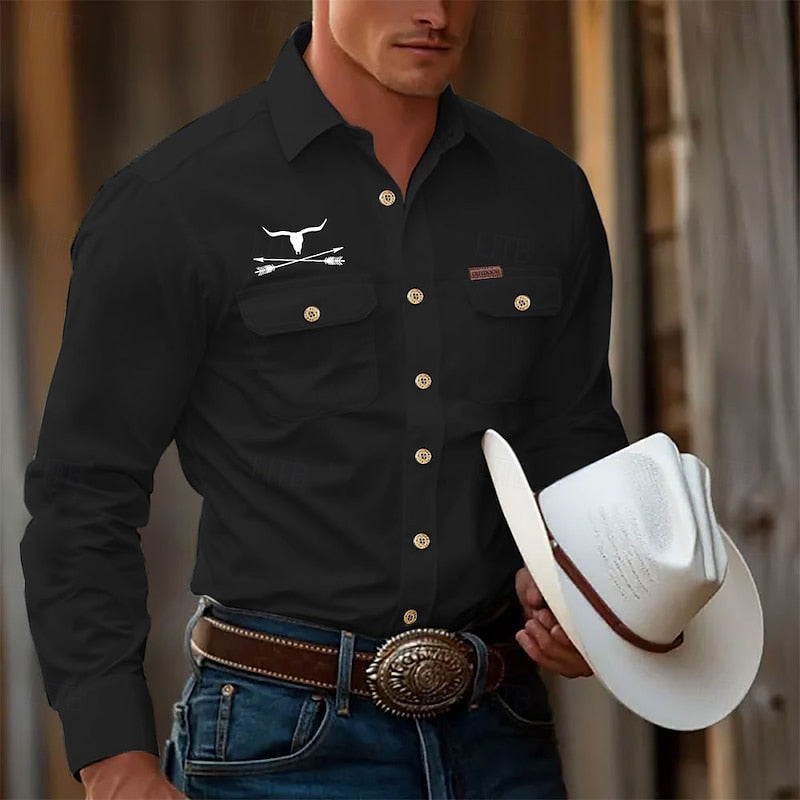 Kessoro men's classic western long-sleeve shirt in white and black, men's shirts — view 2 of 3