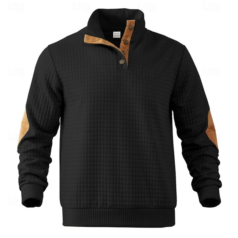Kessoro waffle textured stand collar pullover for men in Khaki, view 5