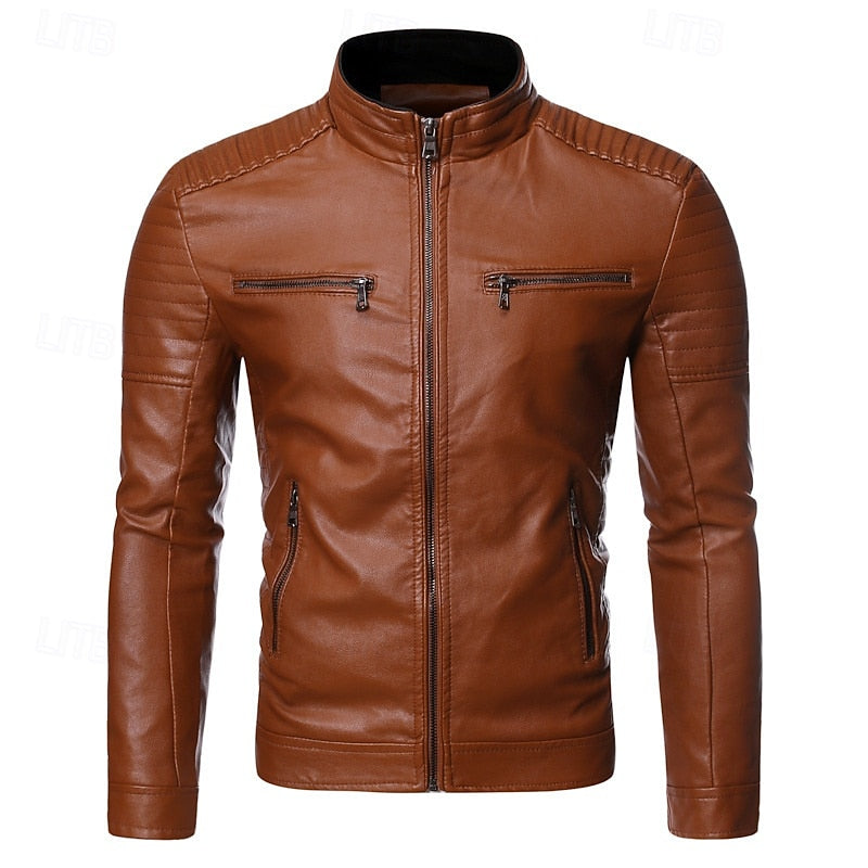 Kessoro men's classic stand-collar biker jacket in yellow, coffee and black – image 2 of 7