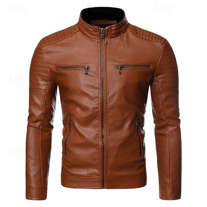 Kessoro men's classic stand-collar biker jacket in yellow, coffee and black – image 2 of 7