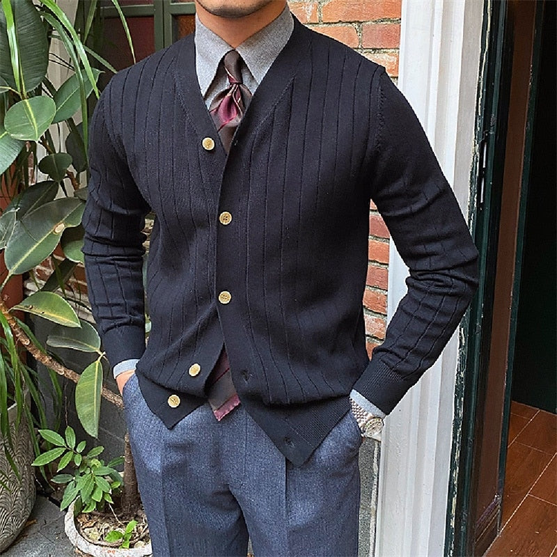 Kessoro men's ribbed V-neck button-front cardigan in blue, black and white - view 2
